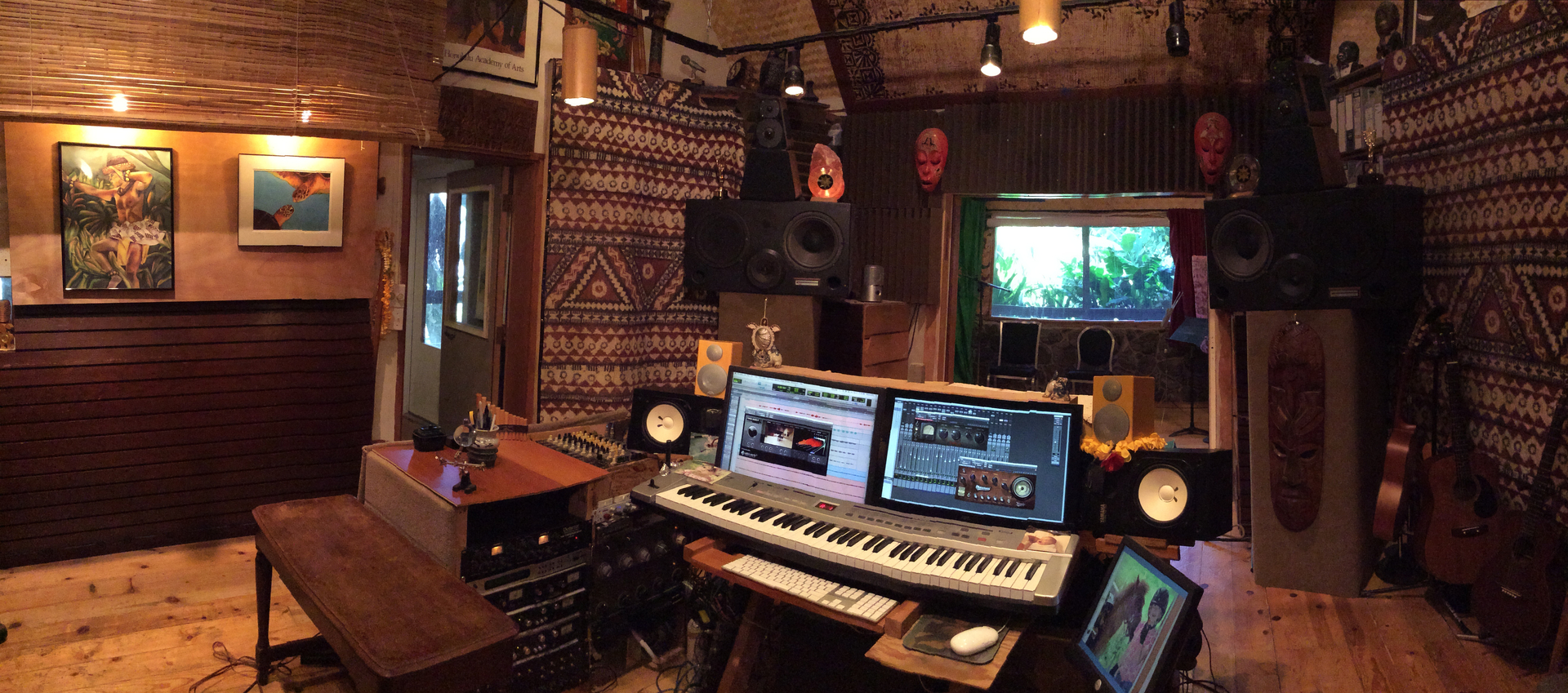 Music studio interior with workstation and speakers